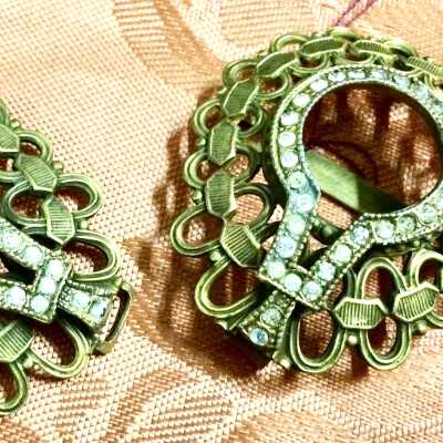 Brass filigree belt buckle with rhinestones, c. 1930s