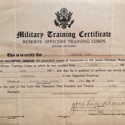 Alameda High School ROTC Certificate awarded Chester Fenn, 1928