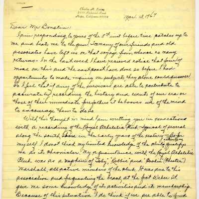 Letter from Charles Loring with memoires of c. 1900, 1967