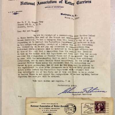 Letter N. A. L. C. about Leland Wiese's resignation, 1937