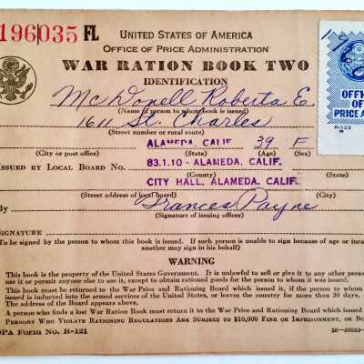 War Ration Book Two issued to Roberta McDonell, 1941-1945