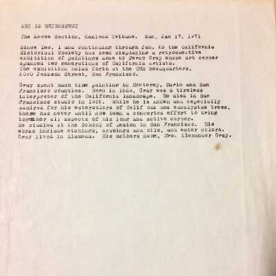 Text about exhibit of works by Percy Gray, 'Art in Retrospect', 1971