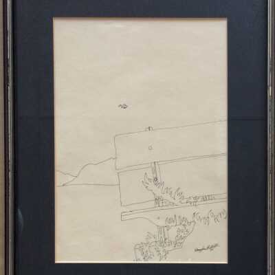 Pen and ink drawing of barrier at foot of Grand Street, by Douglas Elliott, 1970