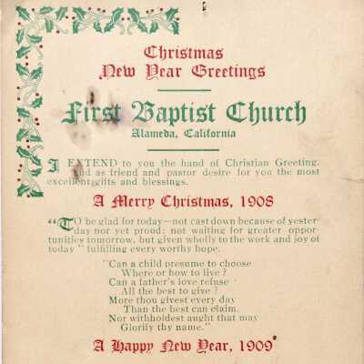Christmas greeting card from the First Baptist Church, L. P. Russell, 1908