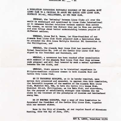 Resolution to adopt a twin club, Lions Club, 1984