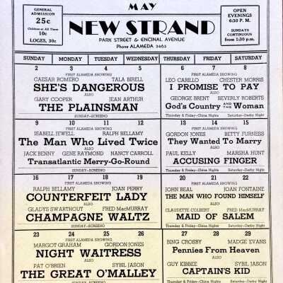 Flyer list of coming attractions for May, New Strand Theatre, c. 1937