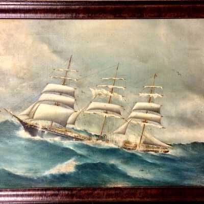 Unframed Oil Painting of a sailing ship in a storm, signed Schulze, c. 1890
