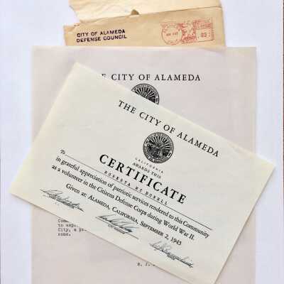 Certificate and Letter for services in Alameda Citizens Defense Corps, 1945