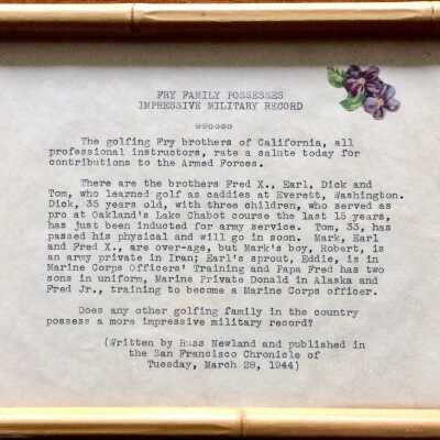 Typed, Framed Testimonial Clipping about the Fry brothers, c. 1944