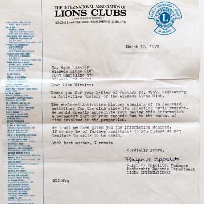History of the Lions Club, 1942-1976, with letter, 1978/1979