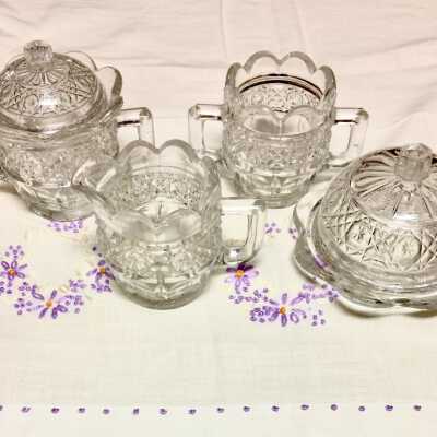 Childhood toy glass table setting of Sylvia and Linda Zanaria, c. 1920s