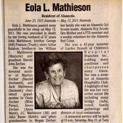 Clippings of Obituary of Eola L. Mathieson (nee Pearson), 2011