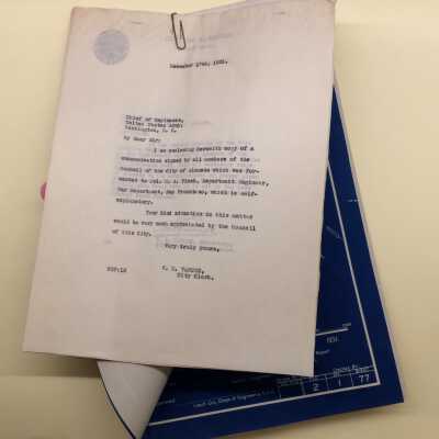 Folder with papers and blueprint about Government Island, 1931