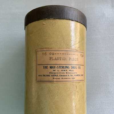 Container with plaster of paris from the May-Stirling Drug Co., c. early 1900s