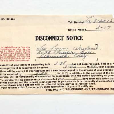 Pacific Telephone and Telegraph Company Disconnect Notice, 1944