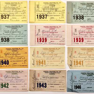 Receipts for dues in Carita Chapter 115, Order of the Eastern Star, c. 1937-1944