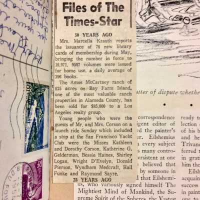 Loose clipping in scrapbook B: describes '50 years ago' sale of Amos Mecartney ranch, for $85,000.