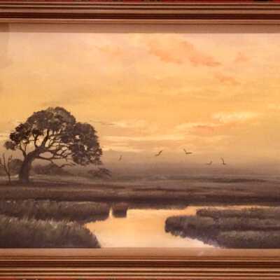 Pastel painting of marsh scene with oak and five flying birds, c. 1930s
