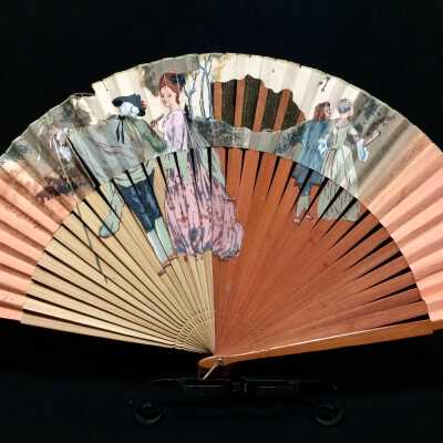Handpainted paper fan with strolling couples, c. 1916-1917