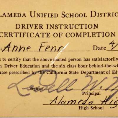 Certificate of completion of Driver's Instruction, 1964