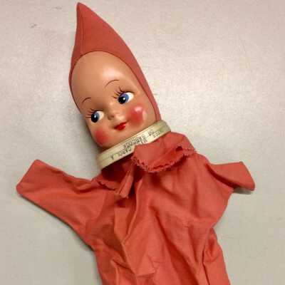 Pinky handpuppet with Alameda Hospital wrist tag, c. 1950s