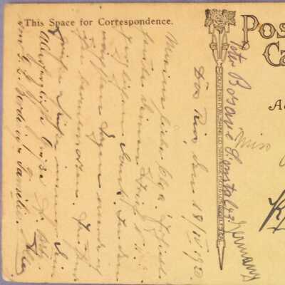 Back of postcard has German writing;
Directed to: miss Olga Klein, Koeln a Rhein (Cologne) Weyerstr. 54 ii 
Peter Bosavie (?) S onstal 43, Germany

