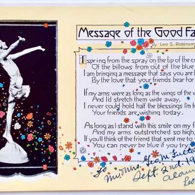 Greeting Card 'Statue', 'Message of the Good Fairy', by Leo S. Robinson, c. 1933