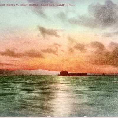 postcard of sunset from the Encinal Boat House, early 1900s