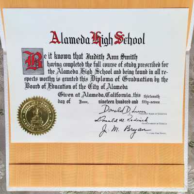 Alameda High School Diploma and coverlet of Judith Ann Smith, 1957