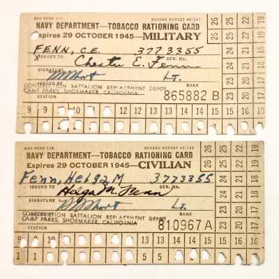 Navy Department Tobacco Ration Cards issued to Chester and Helga Fenn, 1945