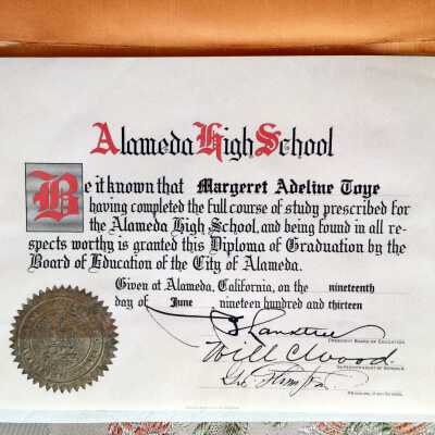 Alameda High School Diploma awarded Margaret Adeline Toye, 1913
