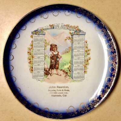 Calendar plate showing a child with floral festoon design, 1914