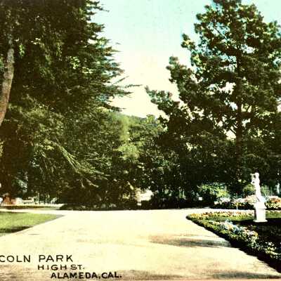 Postcard main walkway and statuary in Lincoln Park, c. early 1900s