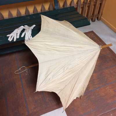 Ecru Silk Summer Parasol with wooden handle of Mrs. Blake, 2008 Clinton Ave, early 1900s