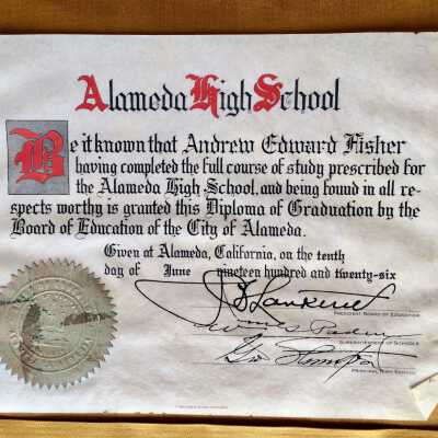 Alameda High School Diploma of Andrew E. Fisher, 1926