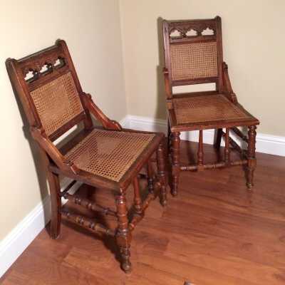 Eastlake-style dining room chairs with square seats and caning, c. 1870s