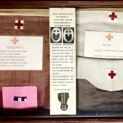 Shadow box display of WWI Red Cross objects, 1918