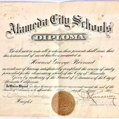 Haight School Diploma of Howard George Bernad, 1927