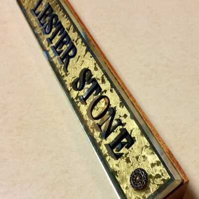 Desk name plaque from the office of Lester Stone, Stone Boat Yard, prior 2018.