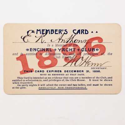 Encinal Yacht Club membership card for E. R. Anthony, 1896