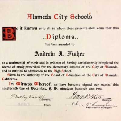 Mastick School Diploma awarded to Andrew T. Fisher, 1902