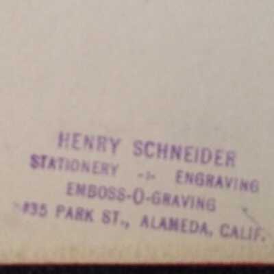 Book source stamp: Book bought from Henry Schneider, stationary- engraving - emboss-O-graving, 35 Oark St.