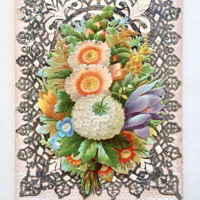 Birthday Card of Flowers on a lacy silver background, 1870s or 1880s