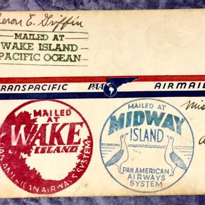 Transpacific PAA Airmail envelope sent from Wake Island via China Clipper to Alameda, c. 1939