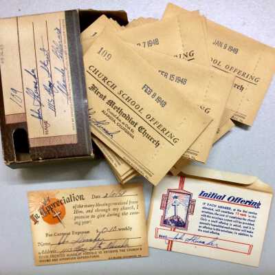 Box with First Methodist Church Tithing envelopes, 1948