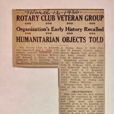 Newspaper clipping on 10th anniversary Alameda Rotary Club, 1930