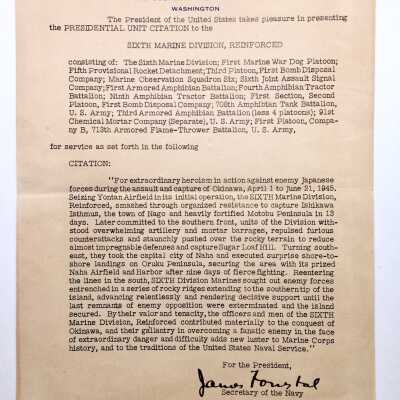 Presidential Unit Citation, awarded to Harold Gonsalves' unit, c. 1946