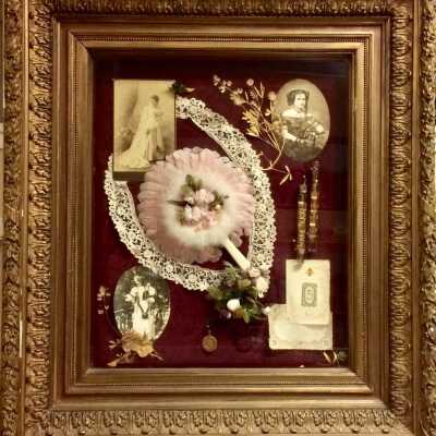 Framed shadowbox with Trip/Chipman/Heche artifacts, c. 1880s