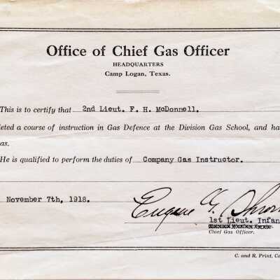 Certificate Completion Course in Gas Defense issued to Frederick Hamlin McDonell, 1918