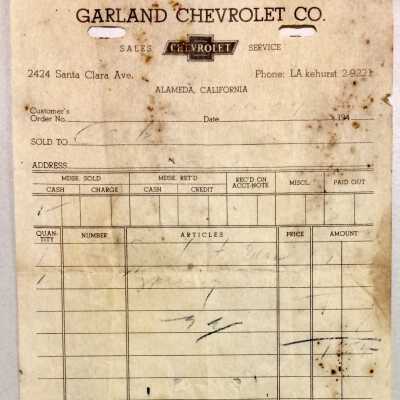 Receipt from the Garland Chevrolet Company, c. 1940s